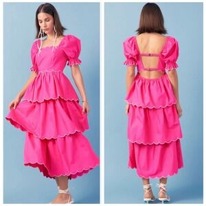 English Factory Pink Scallop Tiered Midi Dress Puffy Sleeve Open Back Medium (E)